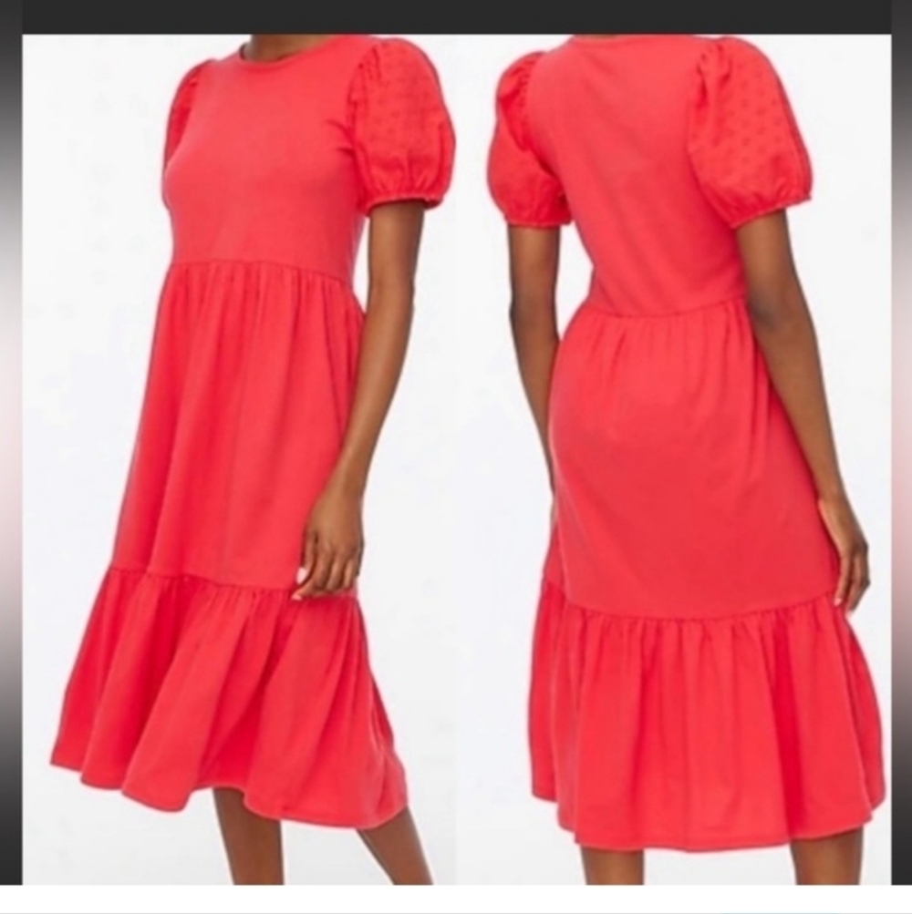 J. CREW Sz Small Coral Pink Tiered Mido Eyelet Puff Sleeve Dress